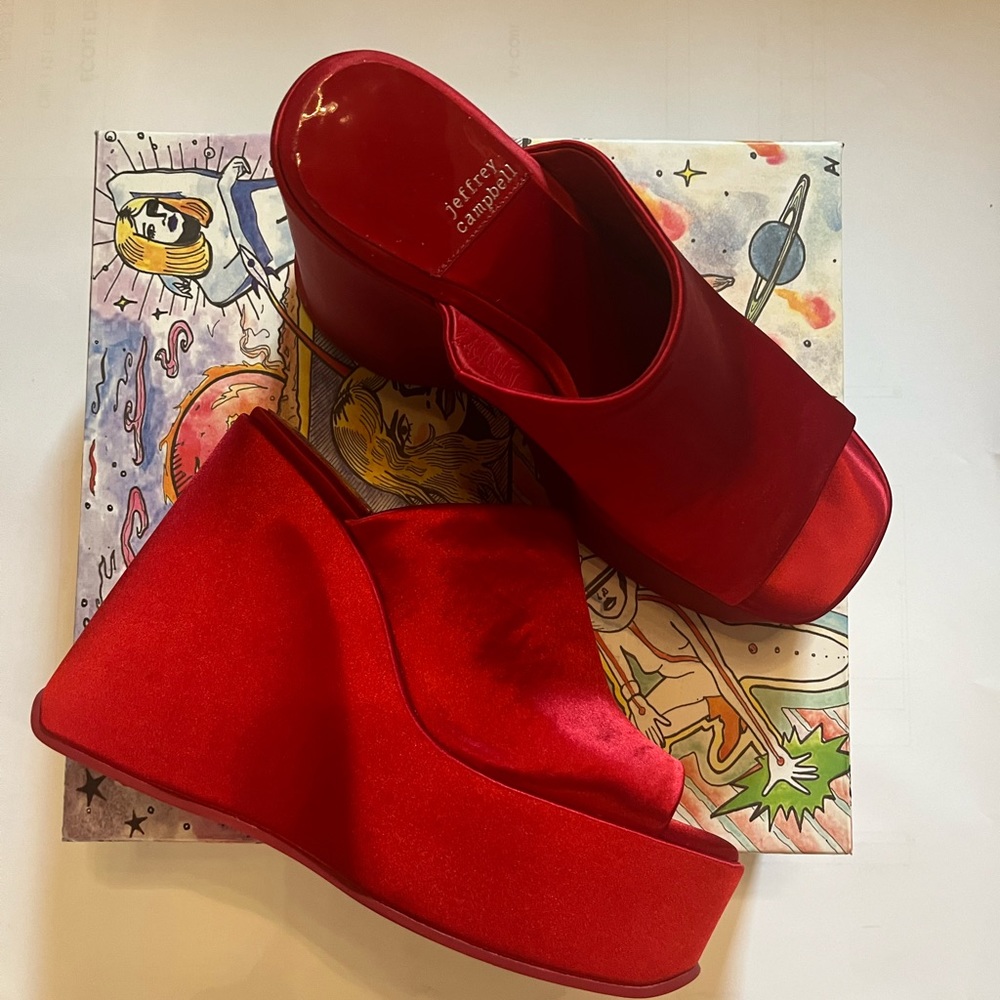 Jeffrey Campbell red satin platforms